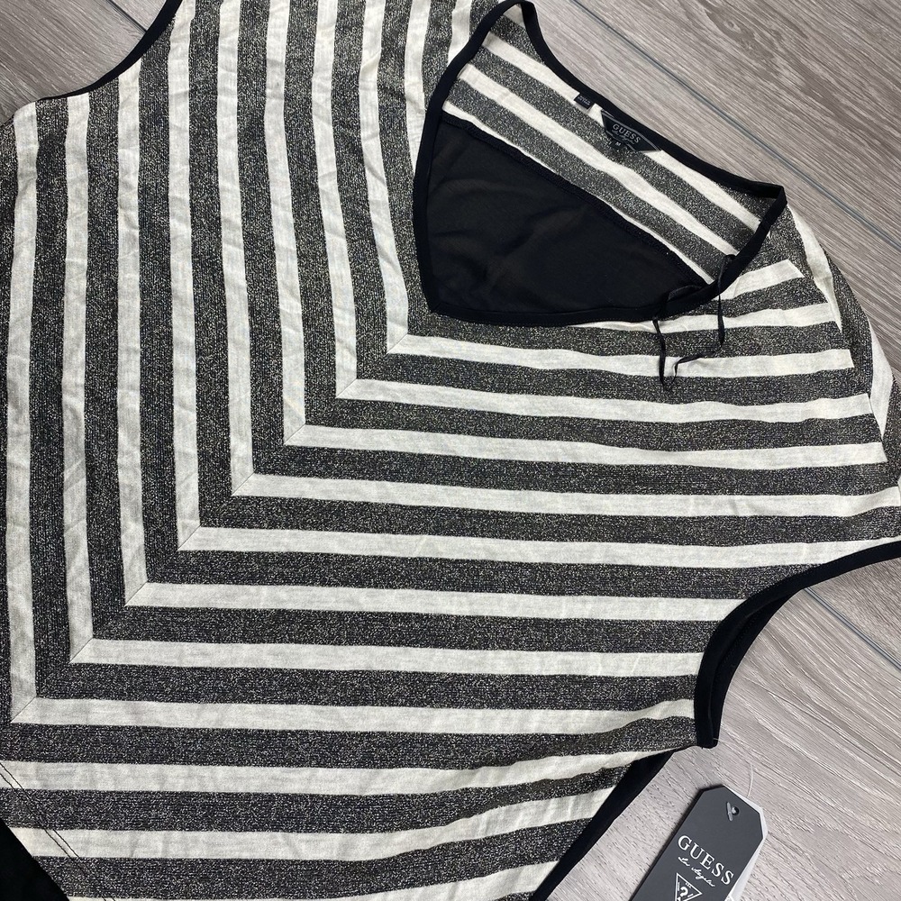 Guess Women's Sheer Short Sleeve Top Herringbone Black Sparkle Medium New